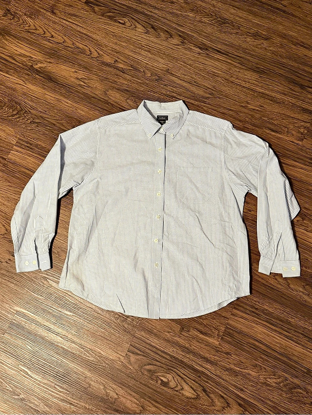 L.L. Bean Women’s White and Blue Striped Cotton Oxford Button Down Shirt